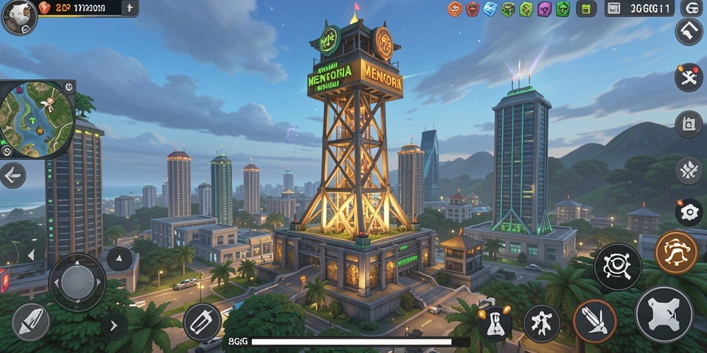 Screenshot gameplay 8G8G menampilkan menara pertahanan yang strategis.