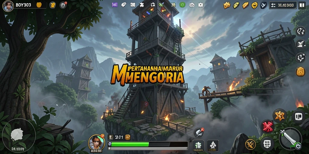 Screenshot gameplay BOY303 menampilkan aksi menara pertahanan yang dinamis.