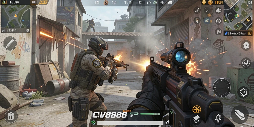 Gameplay intens CW8888 menunjukkan pertempuran FPS yang seru.
