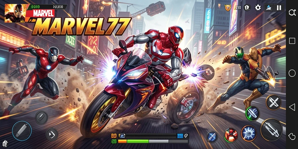 Screenshot gameplay intens dari balapan motor MARVEL77 yang menegangkan.