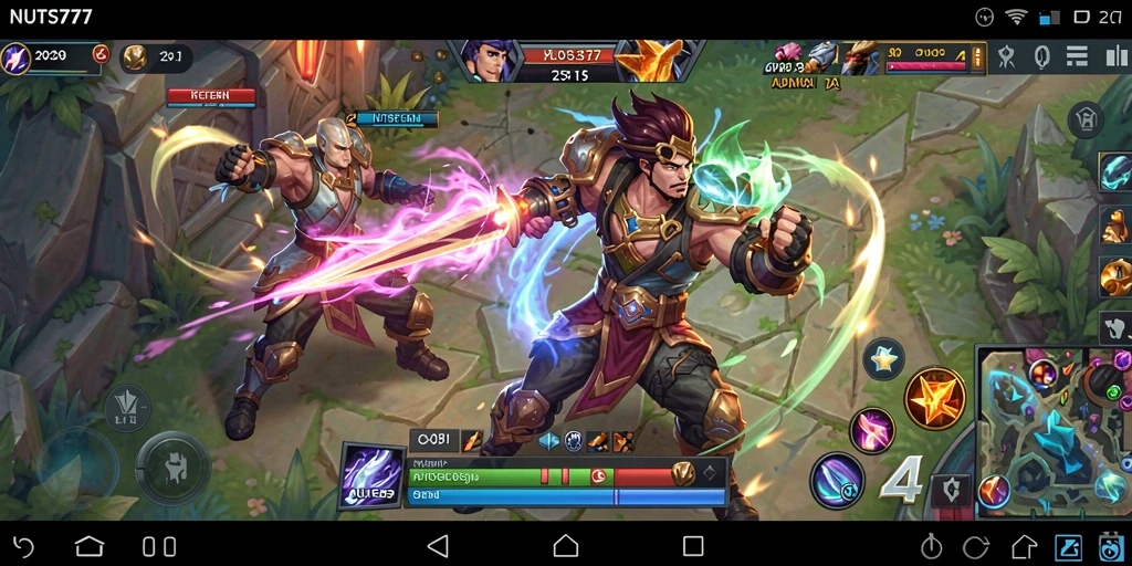 Screenshot gameplay seru NUTS777 dengan karakter bertarung.