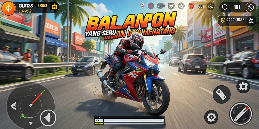 Screenshot utama OLX128 menampilkan aksi balapan motor yang mendebarkan.