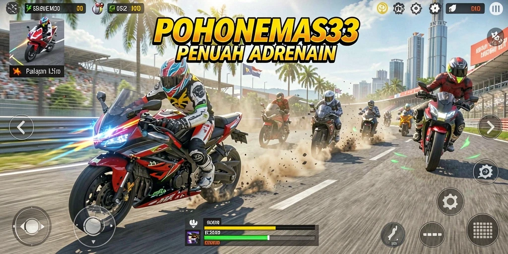 Screenshot gameplay POHONEMAS33 menunjukkan balapan motor yang seru dan menegangkan.