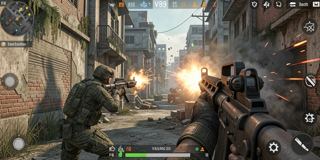 Screenshot gameplay V89 yang menampilkan aksi tembak-menembak yang intens.