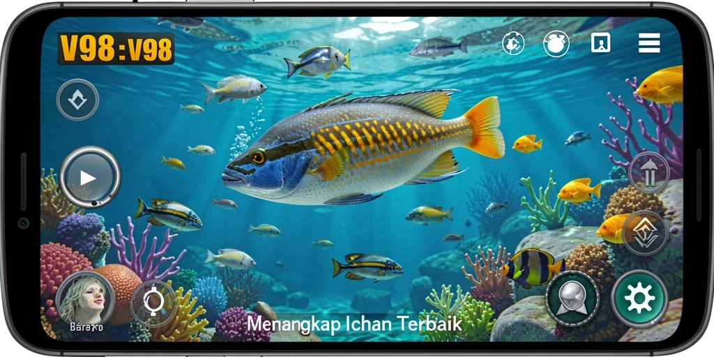 Tampilan gameplay seru V98 saat memancing ikan.